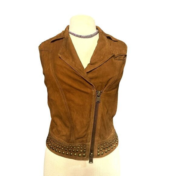 Haute Hippie Jackets & Blazers - Haute Hippie XS Goat Suede Studded Cognac Leather Moto Vest Jacket MSRP $695